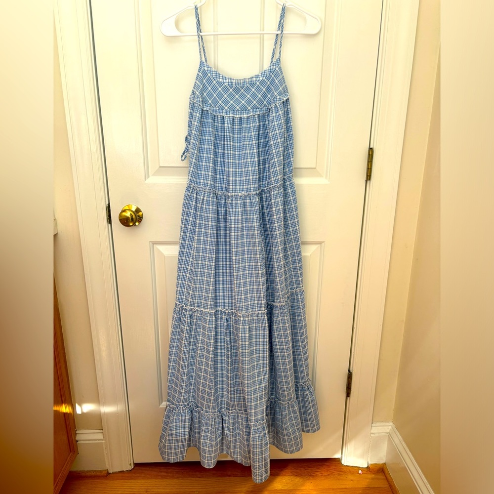 Blue and white plaid cotton maxi dress (Medium)